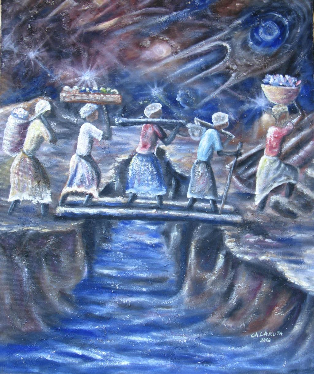 Auf dem Bild sieht man eine Gruppe von Frauen, die eine Brücke überqueren. Es ist nacht. Der Mond scheint hell und zeigt ihnen den Weg.
