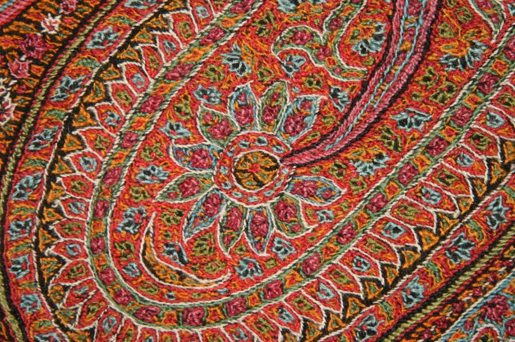 Das Foto zeigt einen Ausschnitt aus einem Textil. Es ist gestickt und bunt. Dargestellt sind Blumenmuster.
