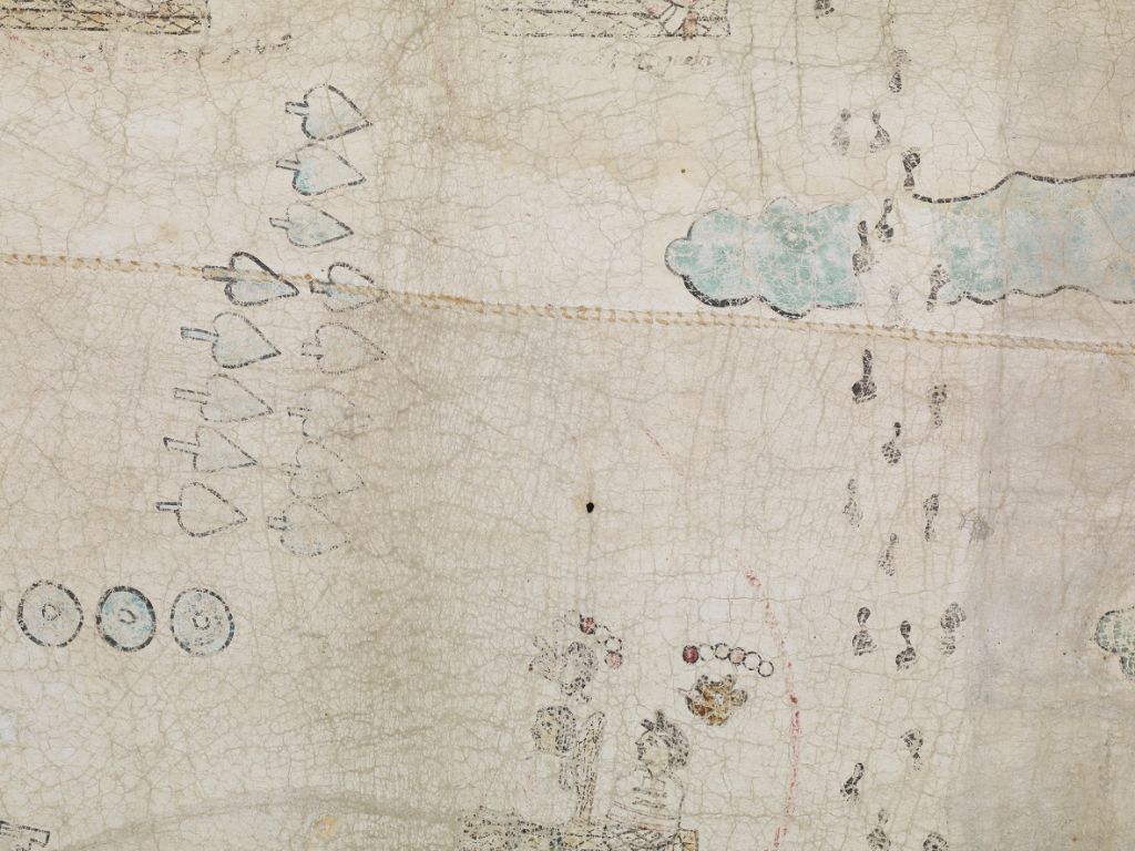 Ausschnitt aus einer Karte mit verschiedenen blauen Symbolen wie Kreisen, Schaufeln, Wolken und darunter zwei Menschen.