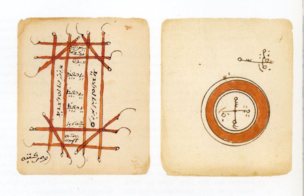 Zwei Seiten eines Buches: links ist eine Art Diagramm in rötlicher Farbe aufgemalt und schwarz beschriftet, rechts ist eine Art Rad zu sehen.