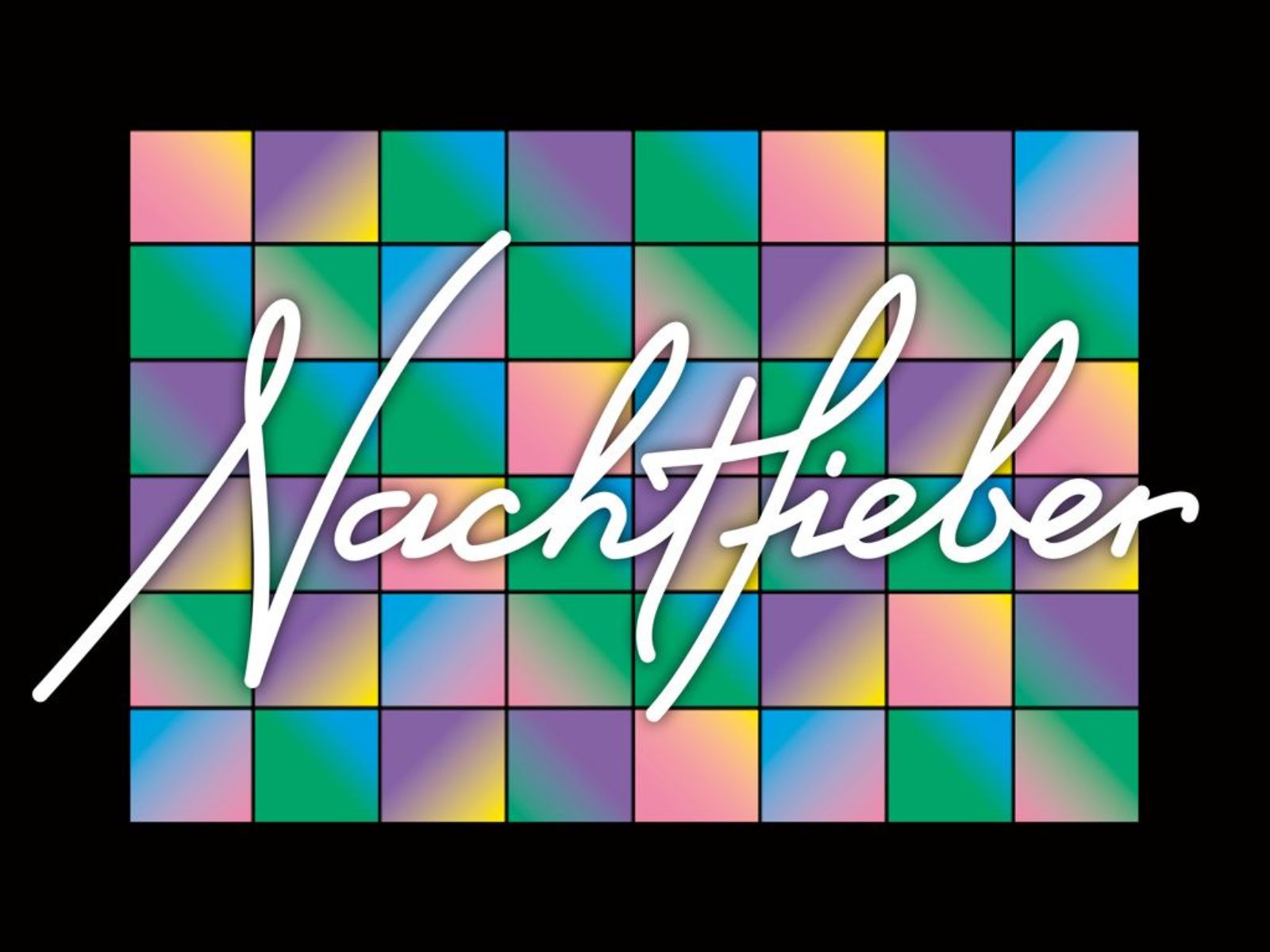 Schriftzug Nachtfieber, im Hintergrund mehrfarbige viele mehrfarbige Kästchen, von einem schwarzen Rahmen umgeben
