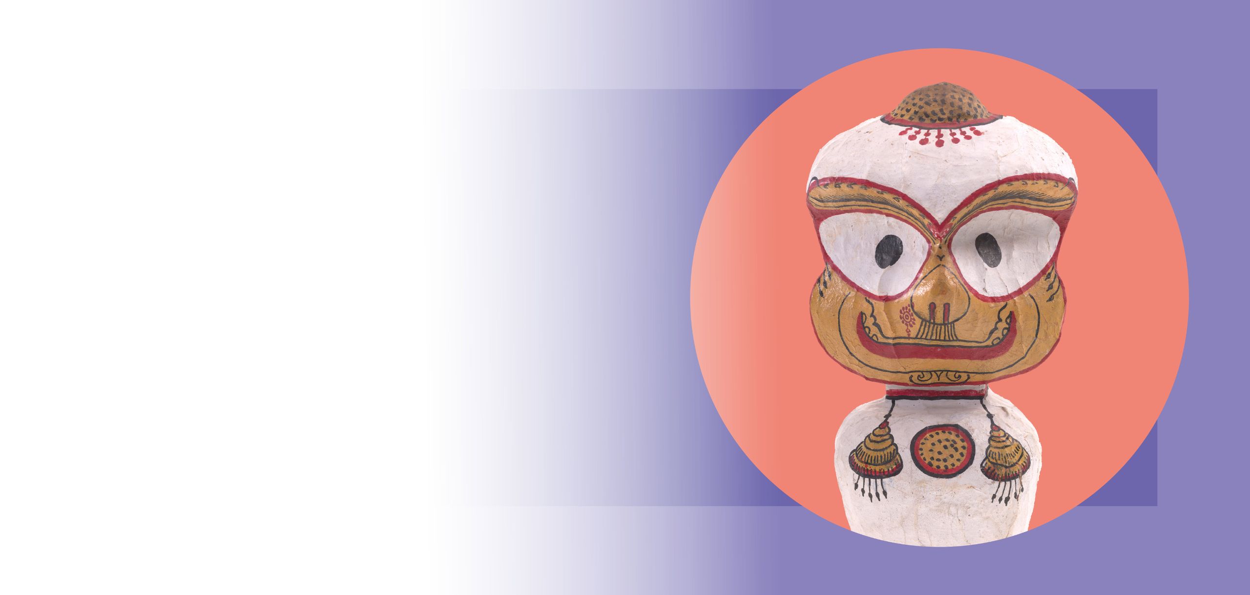 Figur bestehend aus Kopf auf Sockel, bemalt mit grossen Augen, vor einem hellroten Kreis in einem violetten Quadrat.