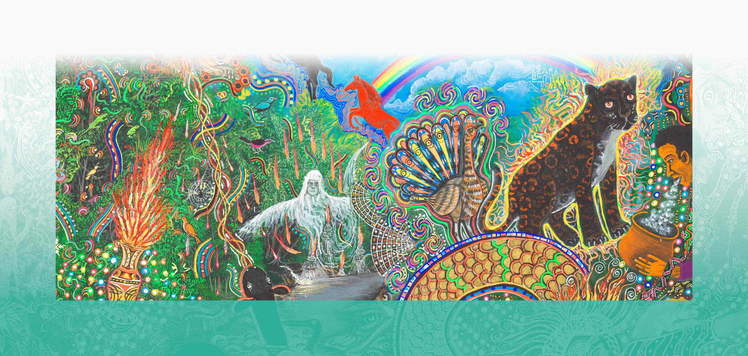 Lebhaftes, farbiges Gemälde mit Regenbogen, Tieren, Menschen, Geistwesen, Sternen und glitzernden Kugeln, drum herum ein Rahmen, der im unteren Teil türkis ist und im oberen weiss.