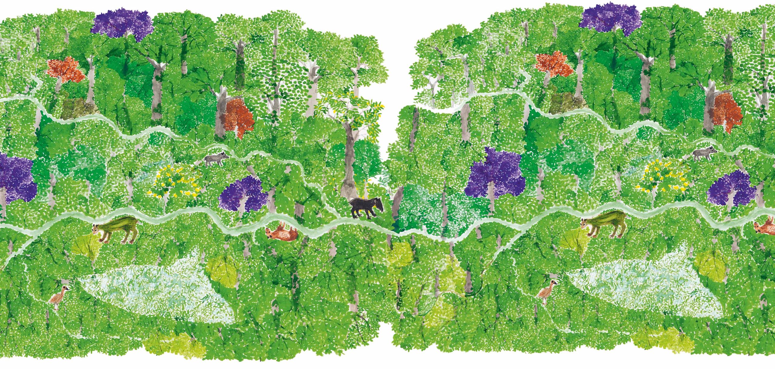 Gemalter Wald mit bunten Bäumen und kleinen Tieren